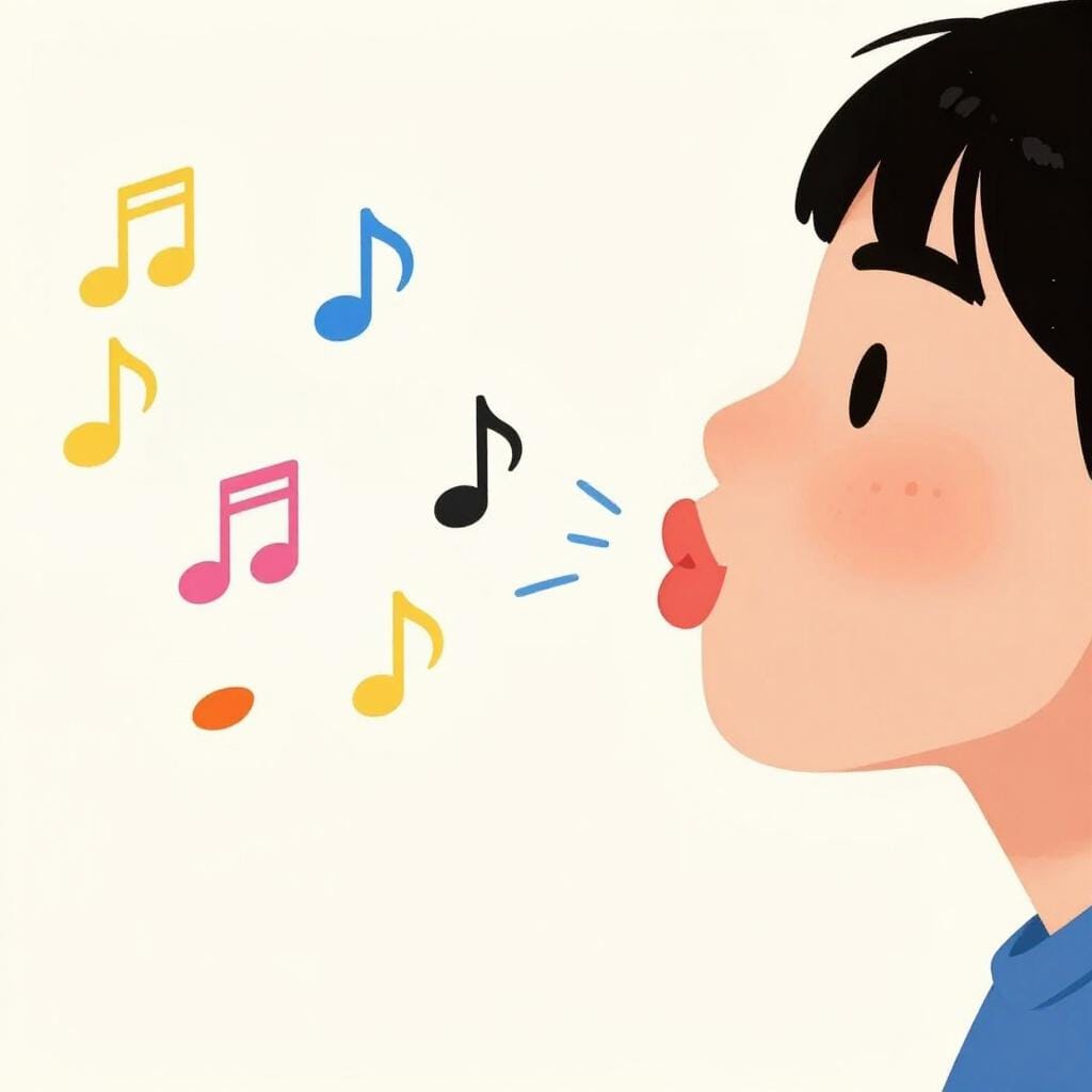 A person with rounded lips making a whistling gesture with musical notes floating nearby.