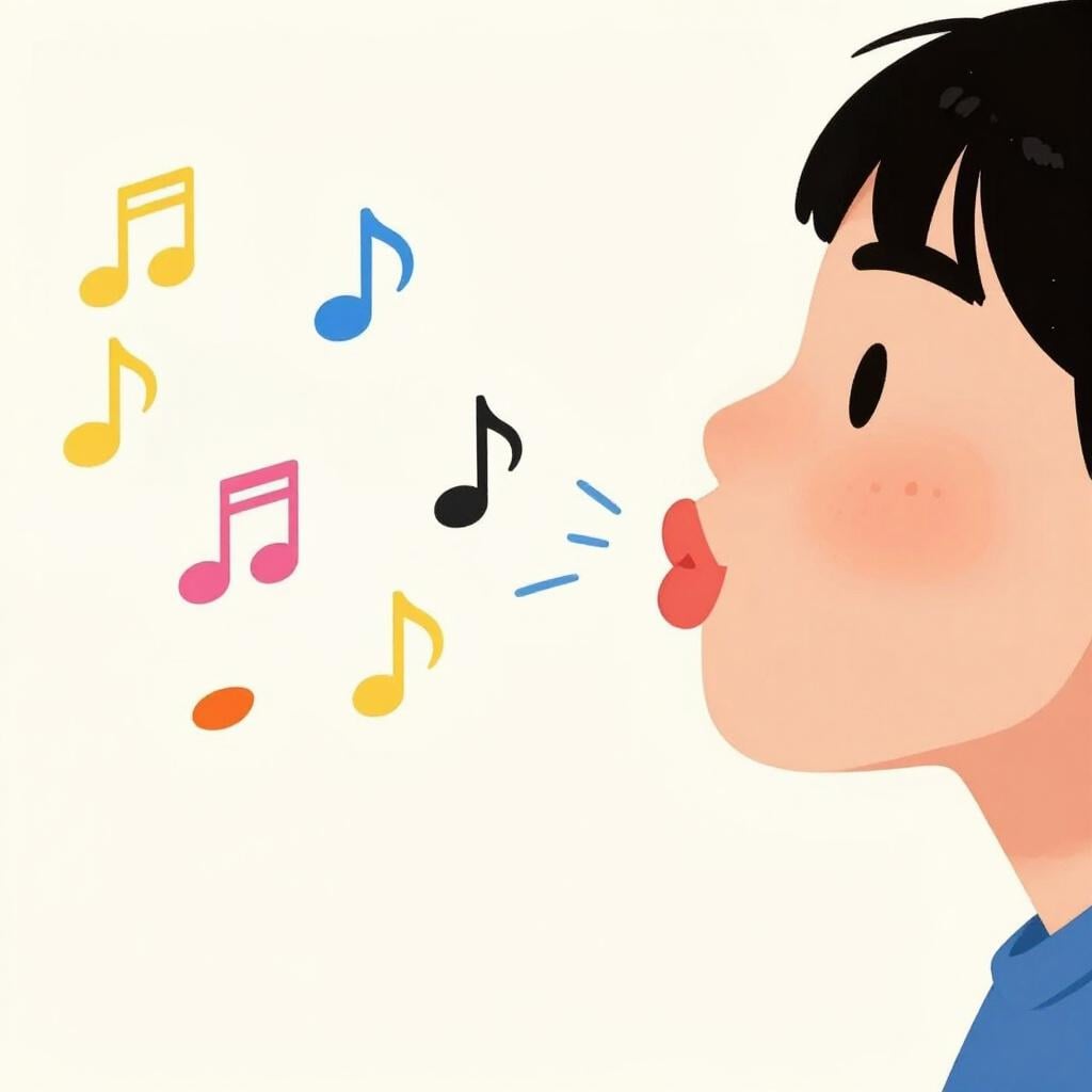 A person with rounded lips making a whistling gesture with musical notes floating nearby.