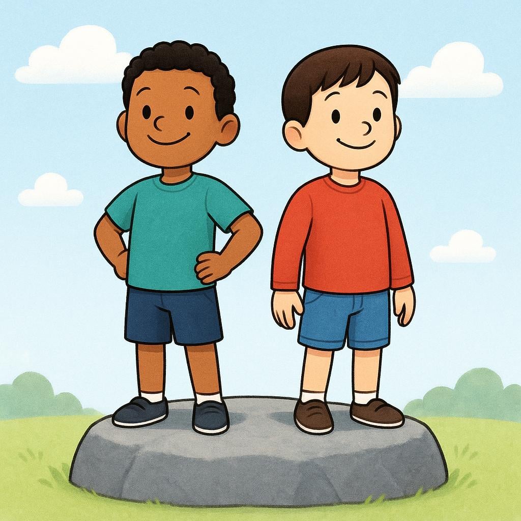 A storybook illustration of two confident boys standing side-by-side on a large, unmoving rock with their chests puffed out, symbolizing certainty.