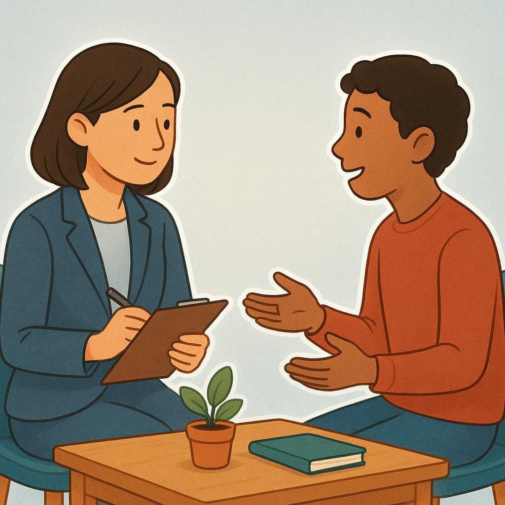 A colorful illustration showing a professional interview setting. Two people are sitting across a small table from each other; one person is holding a clipboard and pen, representing the interviewer.