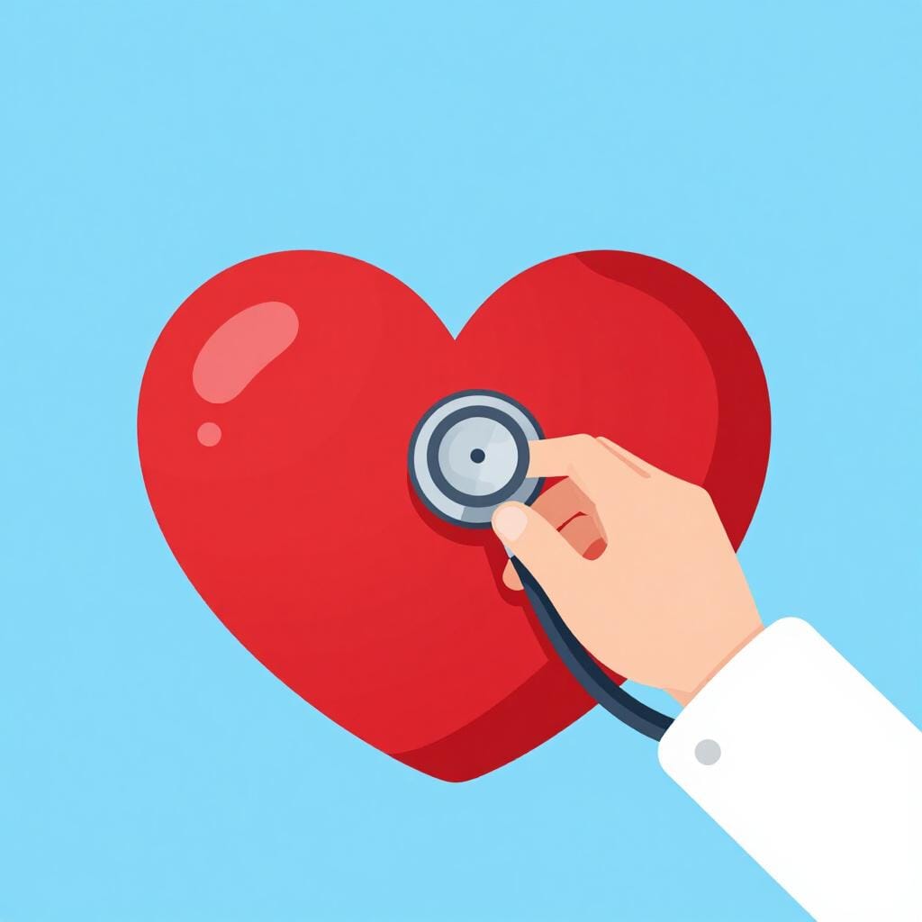 Een dokter die een stethoscoop gebruikt om naar een groot rood hart te luisteren.