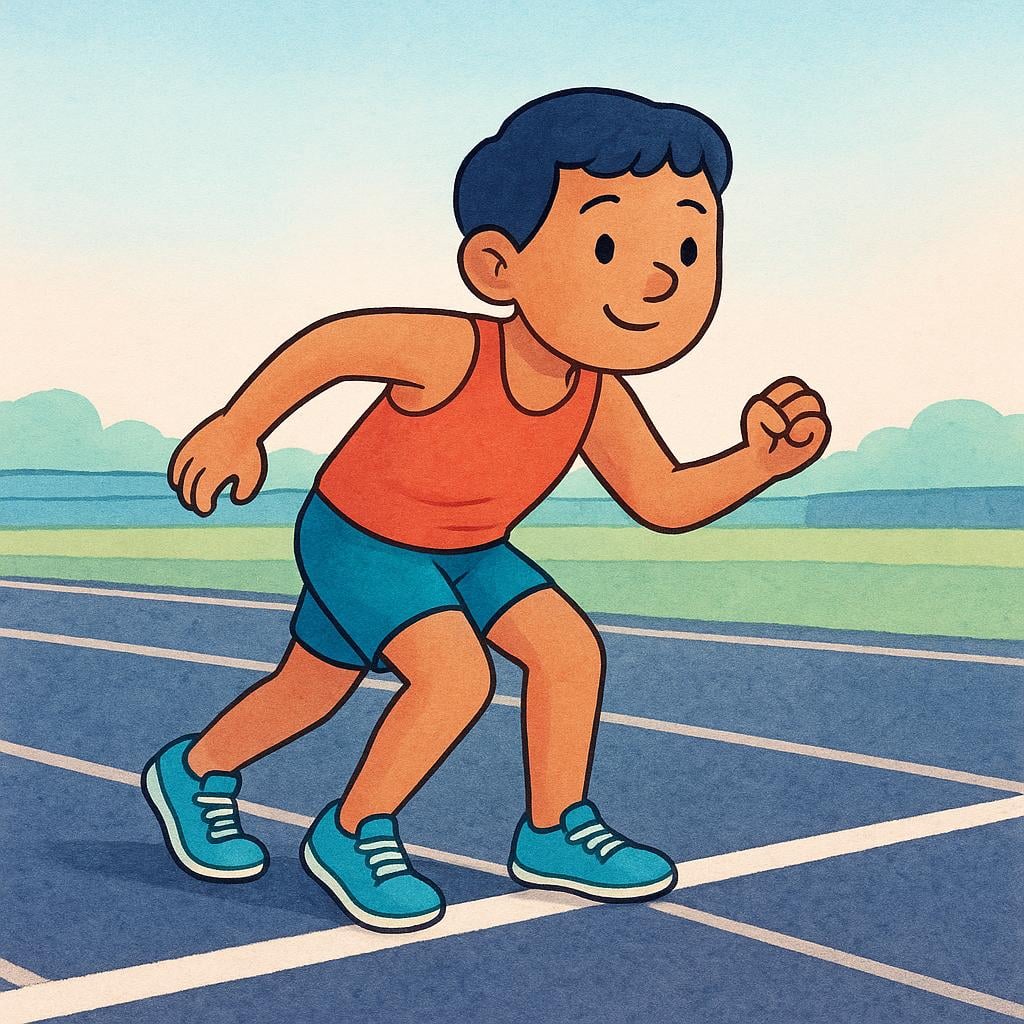 A runner in colorful attire poised at a starting line on a bright track, ready to spring forward, symbolizing the beginning of a race.