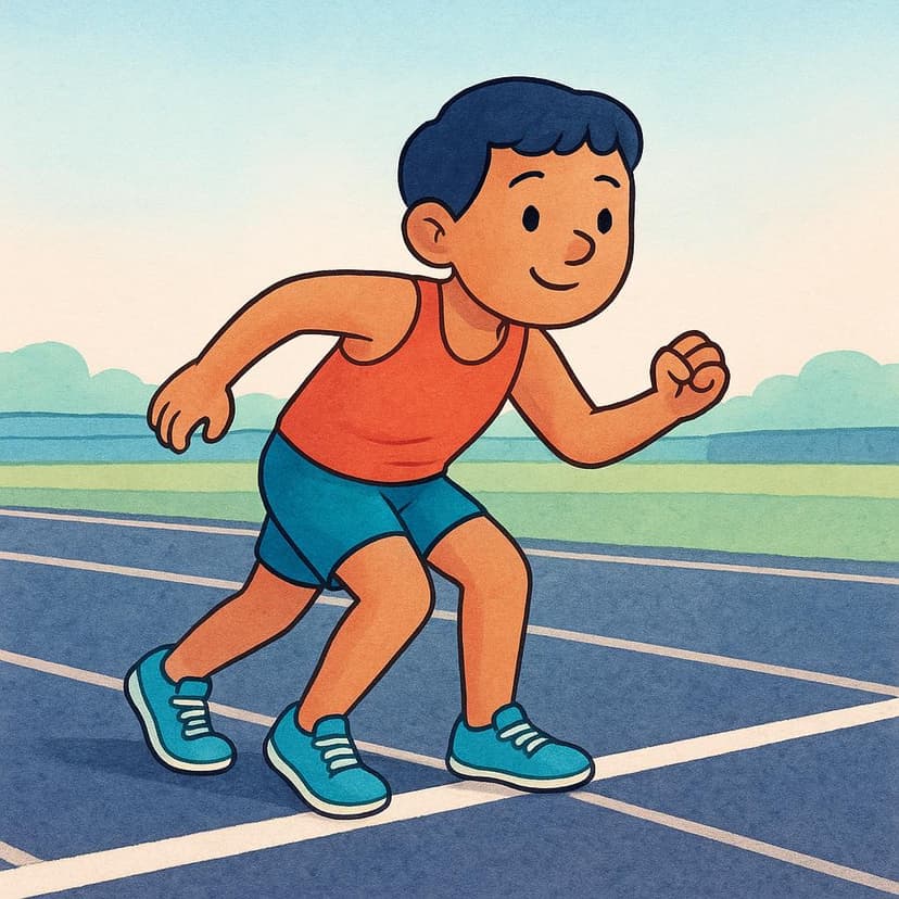 Un coureur en tenue colorée, prêt à bondir sur une piste lumineuse, symbolisant le début d'une course.