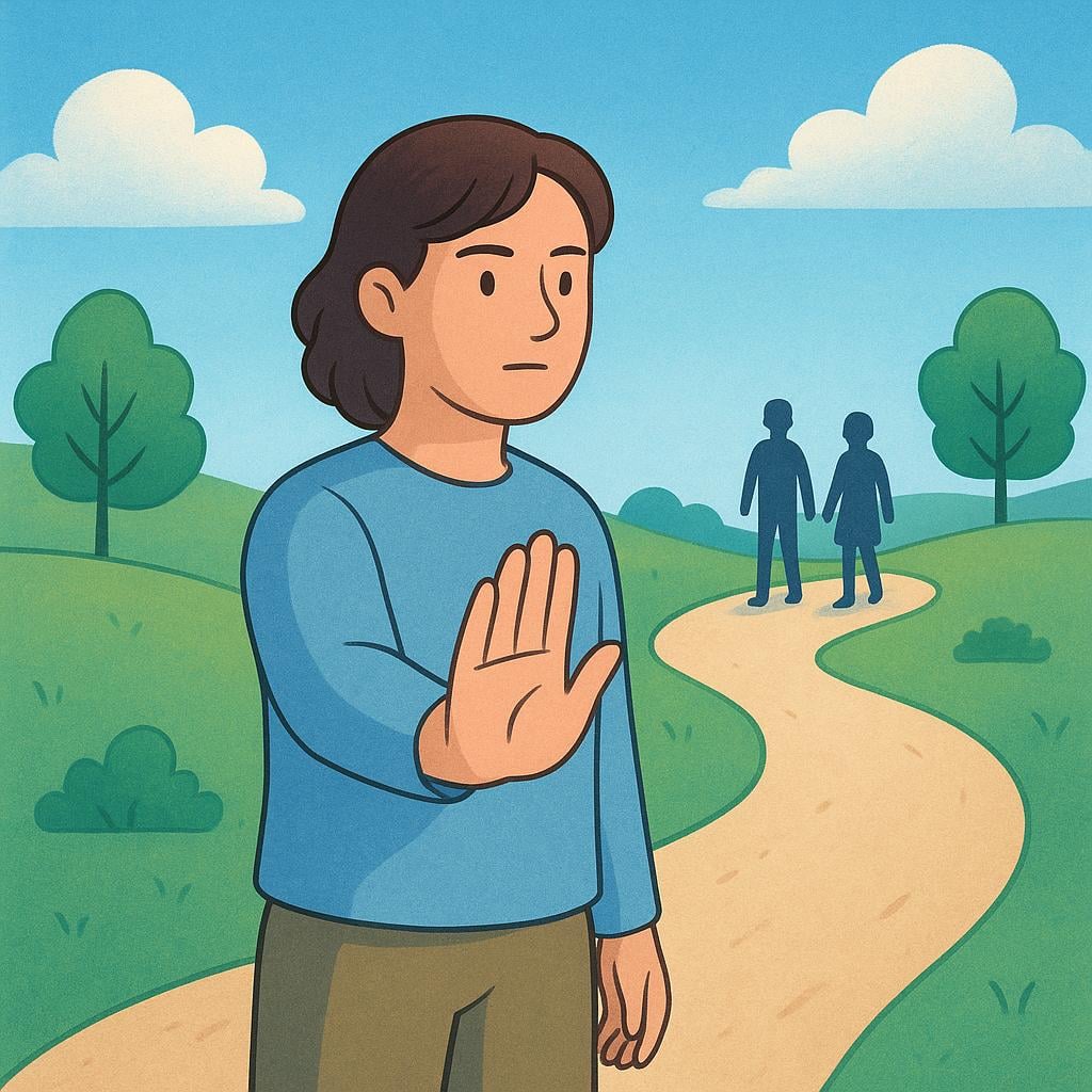 An illustration showing a person holding up an open hand, signaling two other people to pause their movement and stop walking.