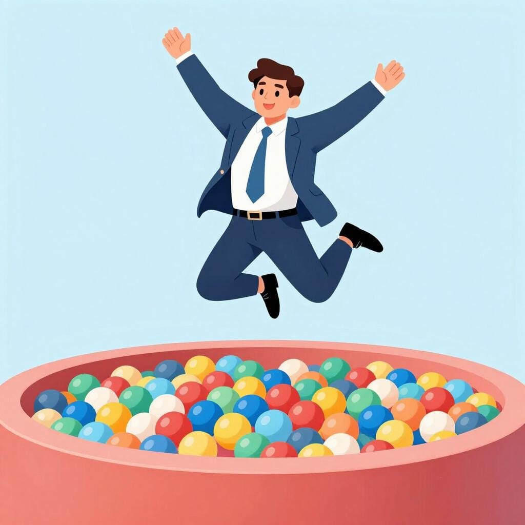 Een persoon die een zakelijk pak draagt en in een ballenbak springt.