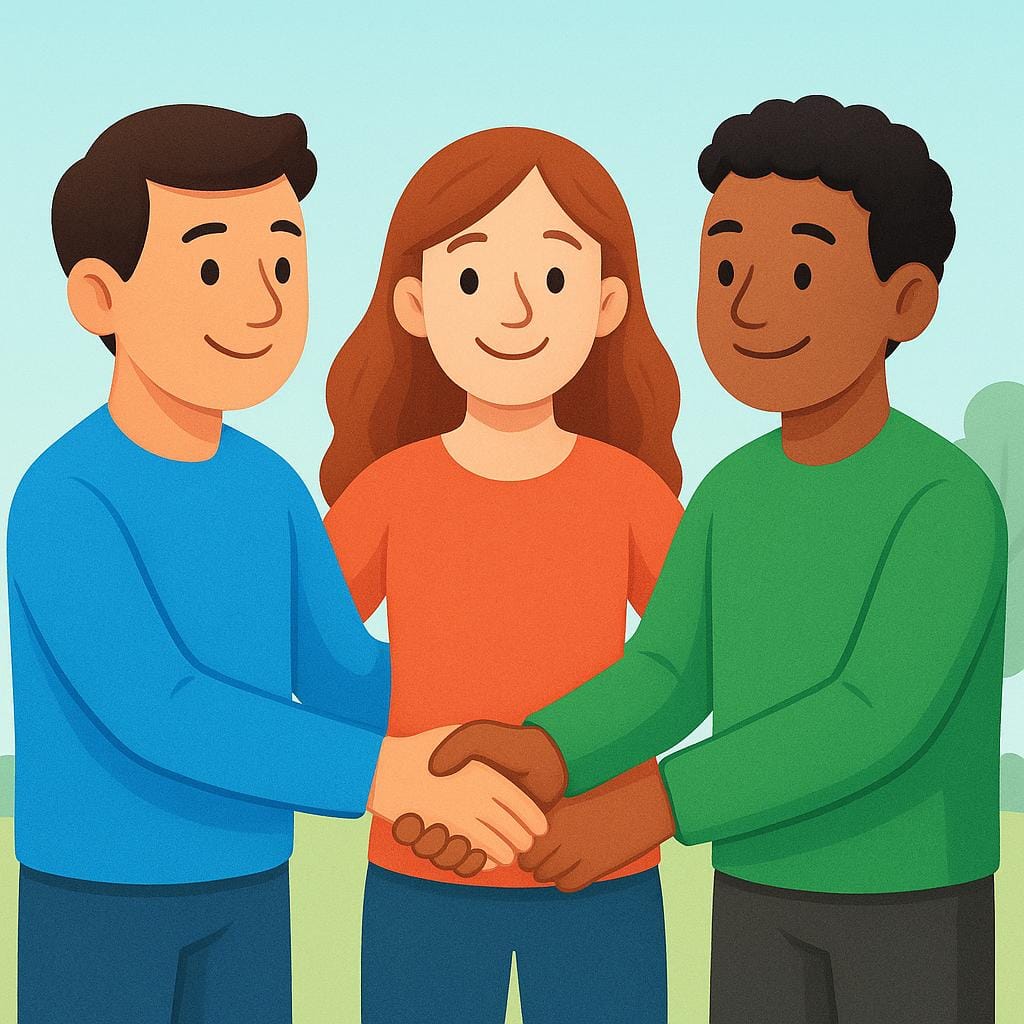 A simple illustration showing two men shaking hands, with a woman standing between them and linking their arms, symbolizing the connection of a brother-in-law relationship.