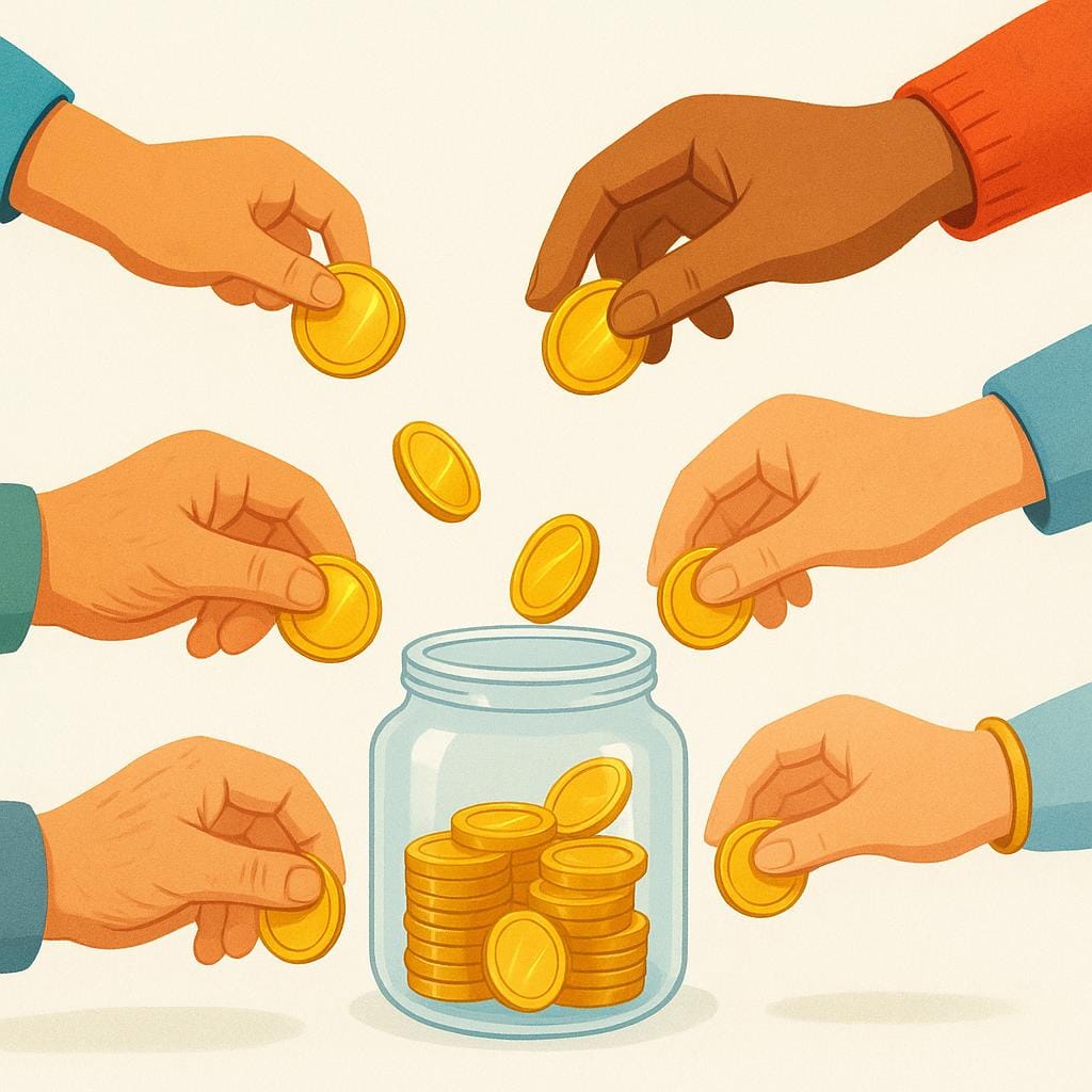 Multiple hands, representing different people, dropping shiny gold coins into a large, half-full glass jar, symbolizing a shared money collection.