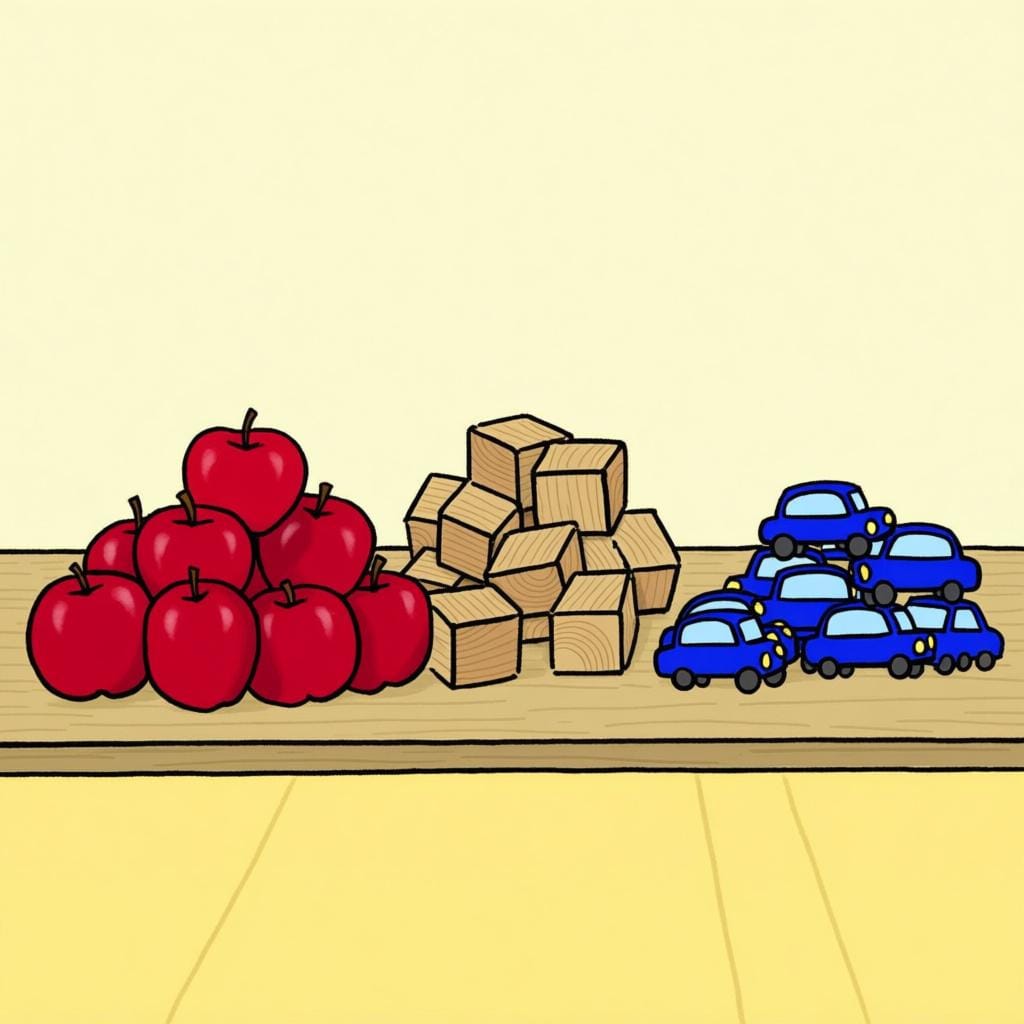 Three distinct, clearly separated piles of objects: one pile of red apples, one pile of yellow bananas, and one pile of green limes, illustrating different kinds or types of fruit.