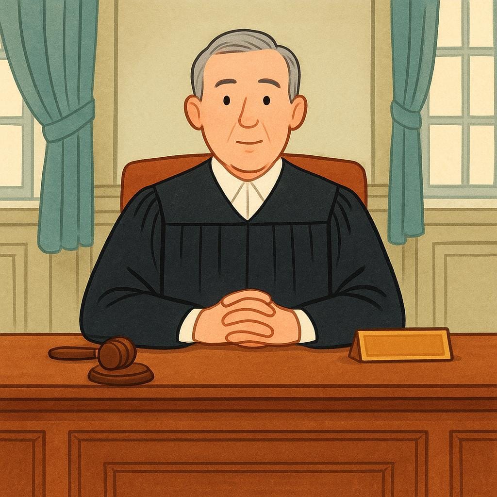 A dignified judge wearing black robes seated behind a large wooden bench, representing an official title often preceded by 'Honorable'.
