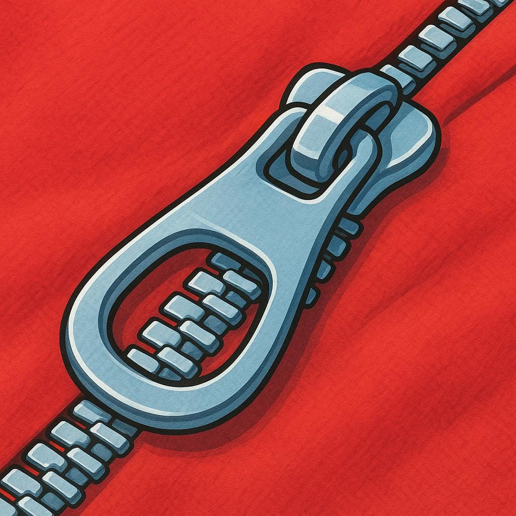 Une illustration en gros plan d'un tire-fermeture éclair argenté sur un morceau de tissu rouge, montrant clairement les dents et le curseur.