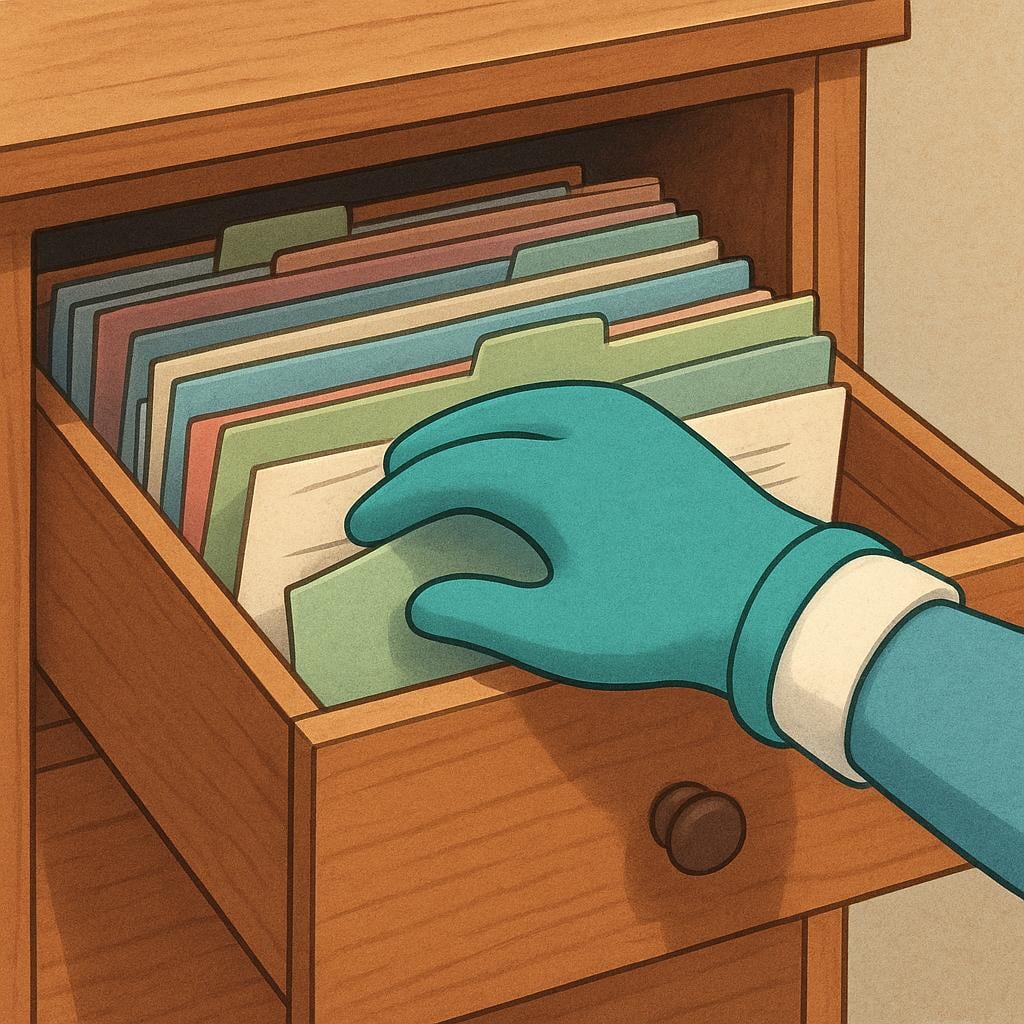 A gloved hand reaching into an open wooden filing cabinet drawer, appearing to search through the contents.