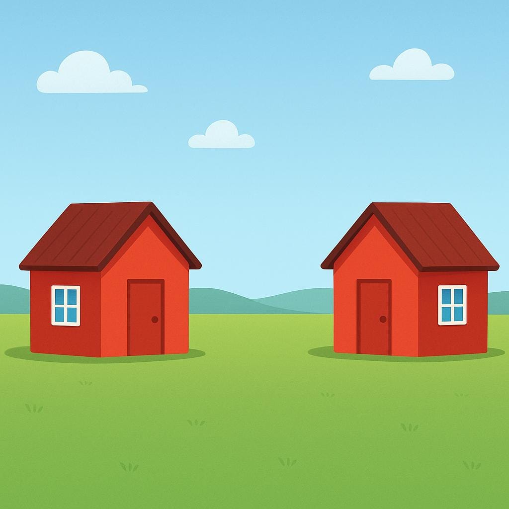 Two small, identical red houses standing far apart from each other on a green field, emphasizing distance.