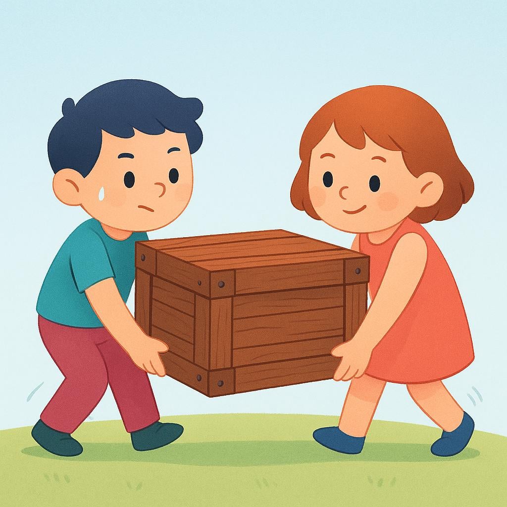 Two people are cooperatively carrying a heavy, large brown box together across a grassy field.