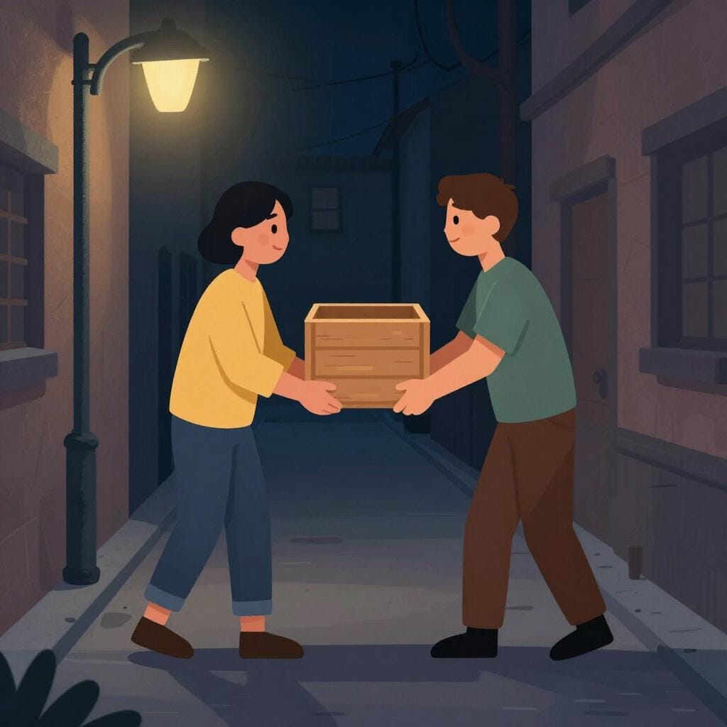 Una figura nell'ombra in un vicolo buio che scambia una misteriosa cassa di legno con un'altra persona.