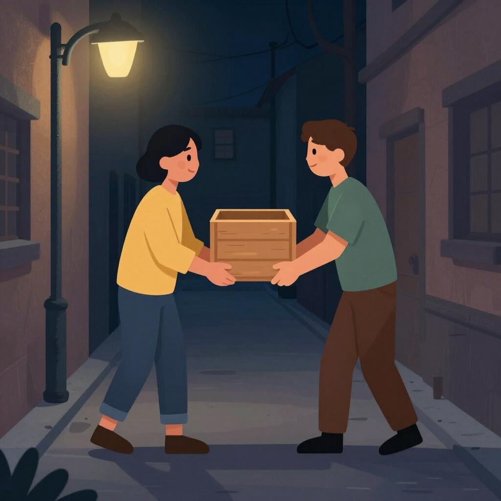 A shadowed figure in a dark alleyway exchanging a mysterious wooden crate with another person.