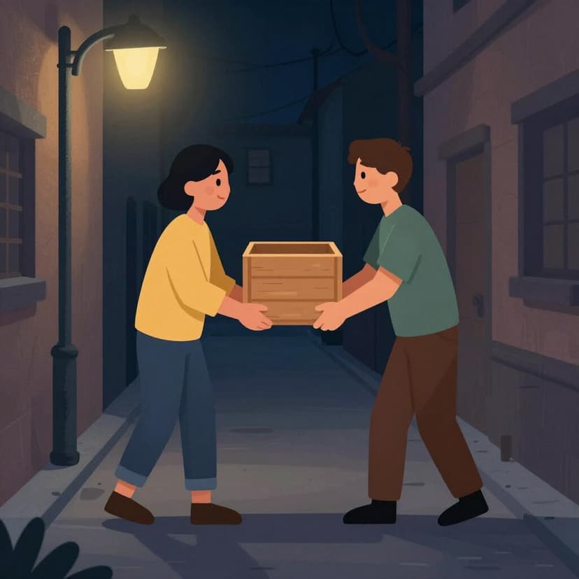 A shadowed figure in a dark alleyway exchanging a mysterious wooden crate with another person.