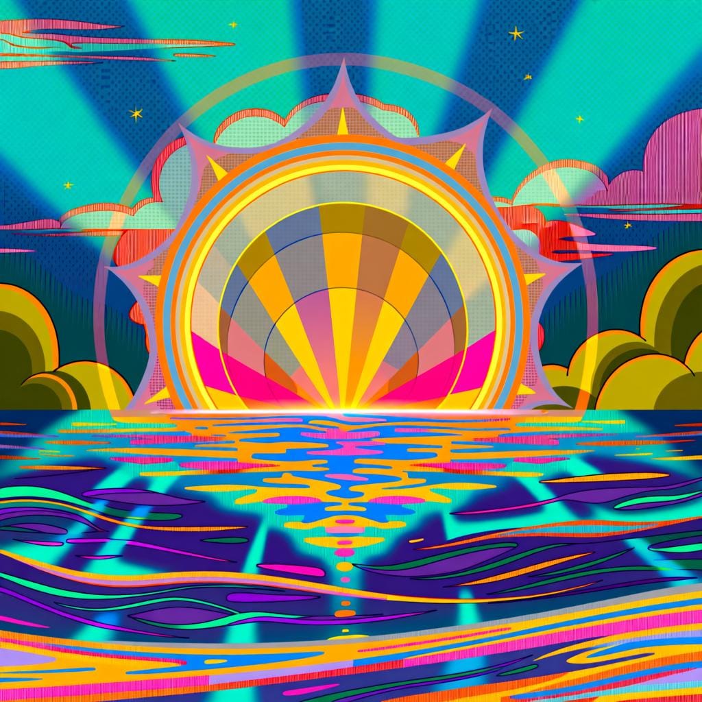 A vibrant image of the sun rising exactly on the horizon over a calm blue ocean, symbolizing an undeniable, fixed fact.