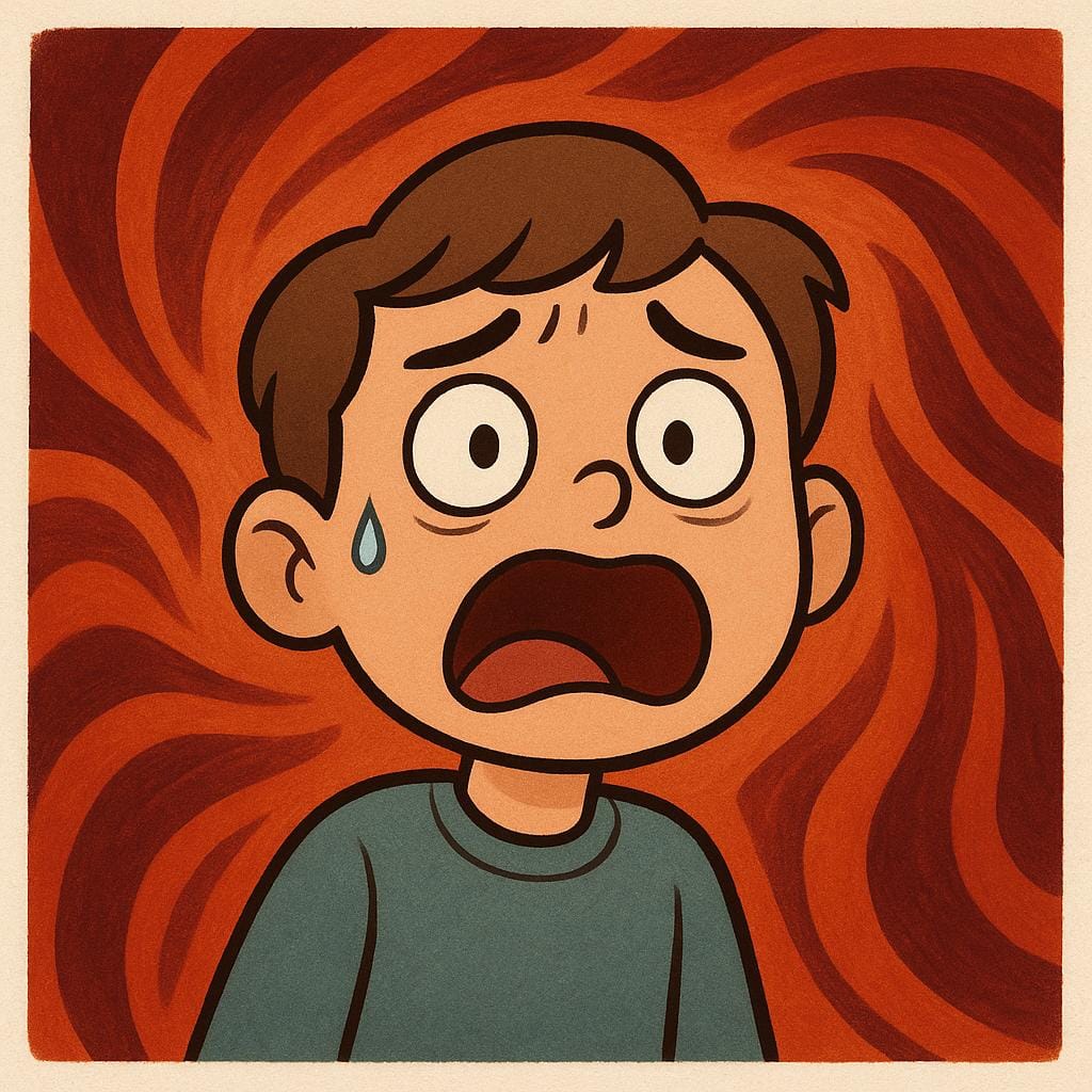 A storybook illustration of a person's face showing extreme distress or intense emotion, surrounded by swirling red and orange colors.