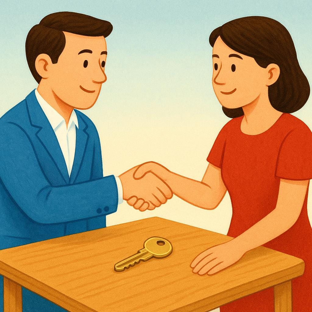 Two business figures shaking hands firmly across a simple table, symbolizing the closing of a deal or transaction.