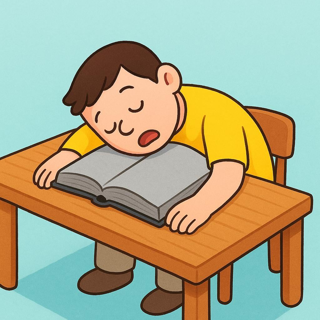A colorful illustration showing a simple man slumped over a large grey book on a table, fast asleep from extreme boredom.