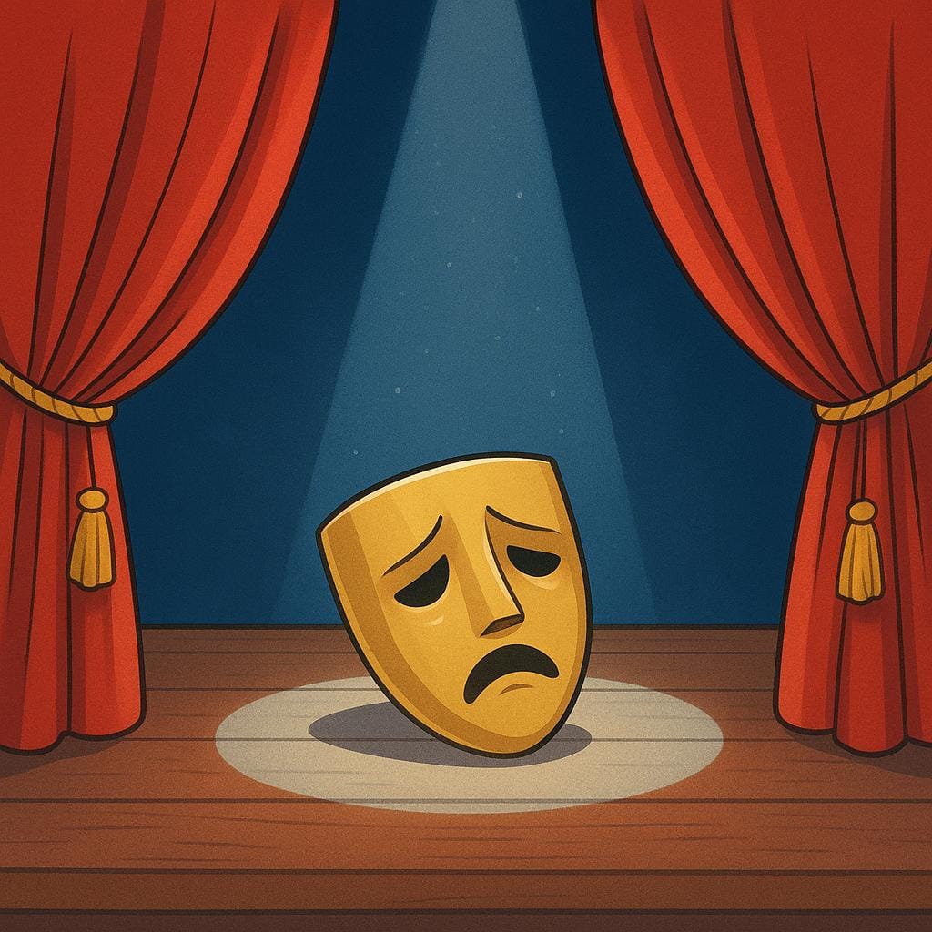 A vibrant illustration of a theater stage with rich red velvet curtains drawn open, featuring a single, stylized theatrical mask under a spotlight.