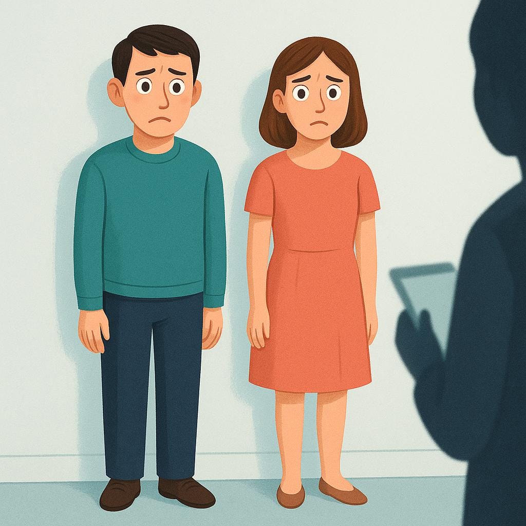 Two individuals standing side-by-side against a plain wall, looking uncomfortable and nervous, representing people being identified as suspects.