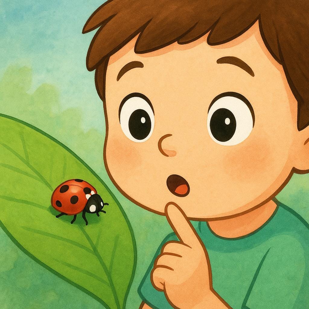 A child is kneeling down outdoors, looking closely at a tiny, colorful ladybug resting on a large green leaf, showing they have perceived a small detail.