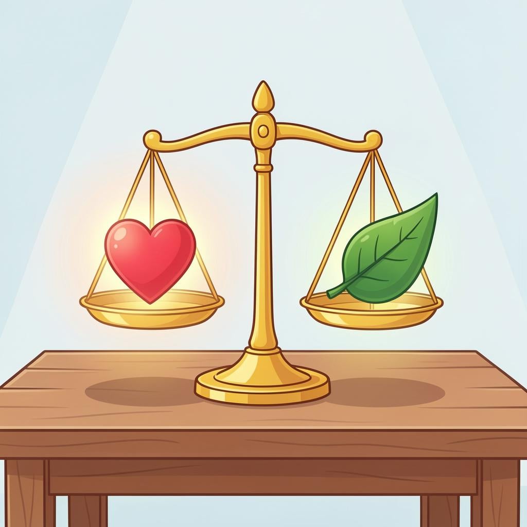 A simple balance scale with a golden heart on one side and a green leaf on the other.