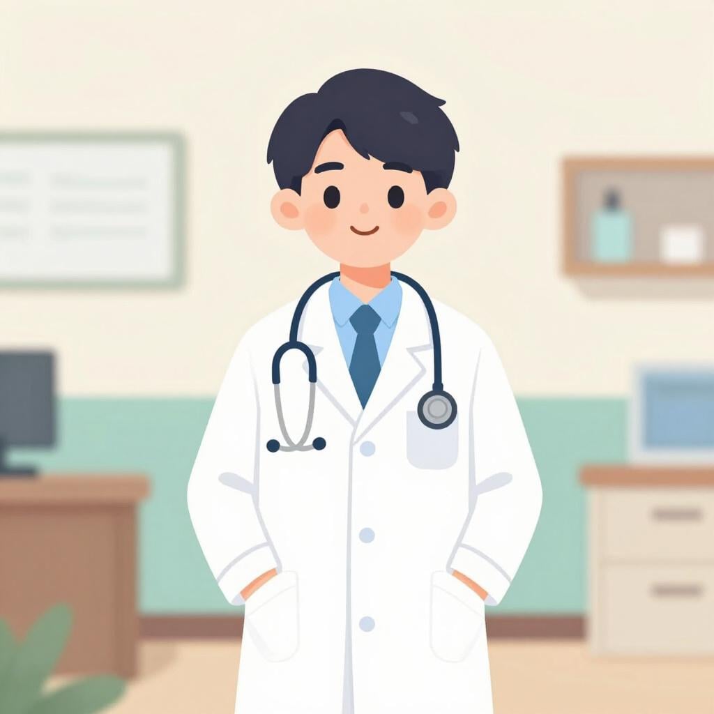 A young doctor in a white coat and stethoscope talking kindly to a patient in a clinic.