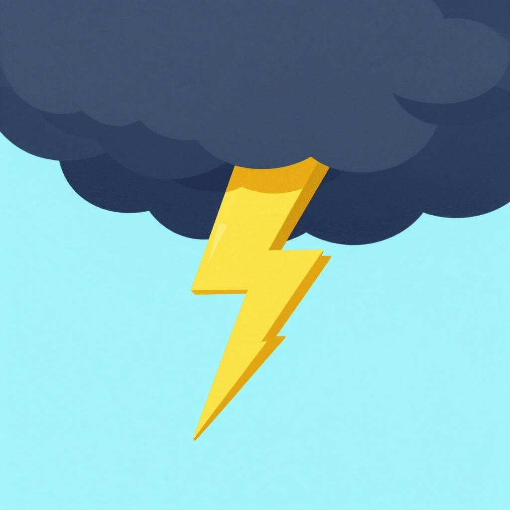 Ein heller gelber Blitz, der von einer dunkelblauen Wolke gegen einen violetten Himmel herabschlägt.