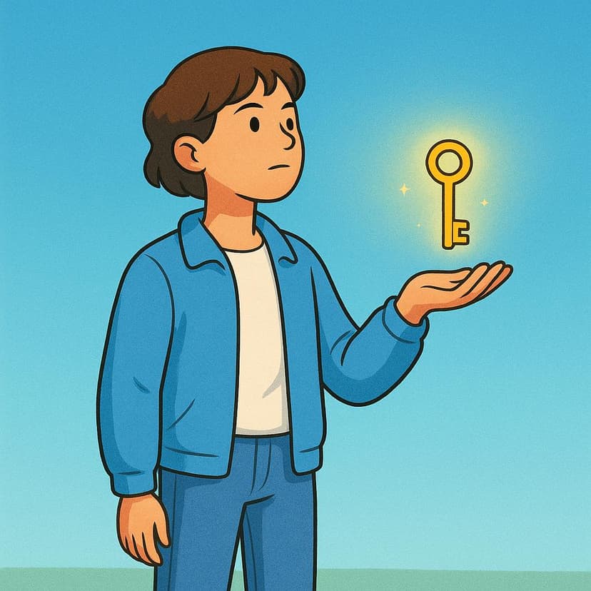 A young person standing confidently outdoors, holding their hand out towards a single, glowing golden key floating in the air, symbolizing a past belief or realization.
