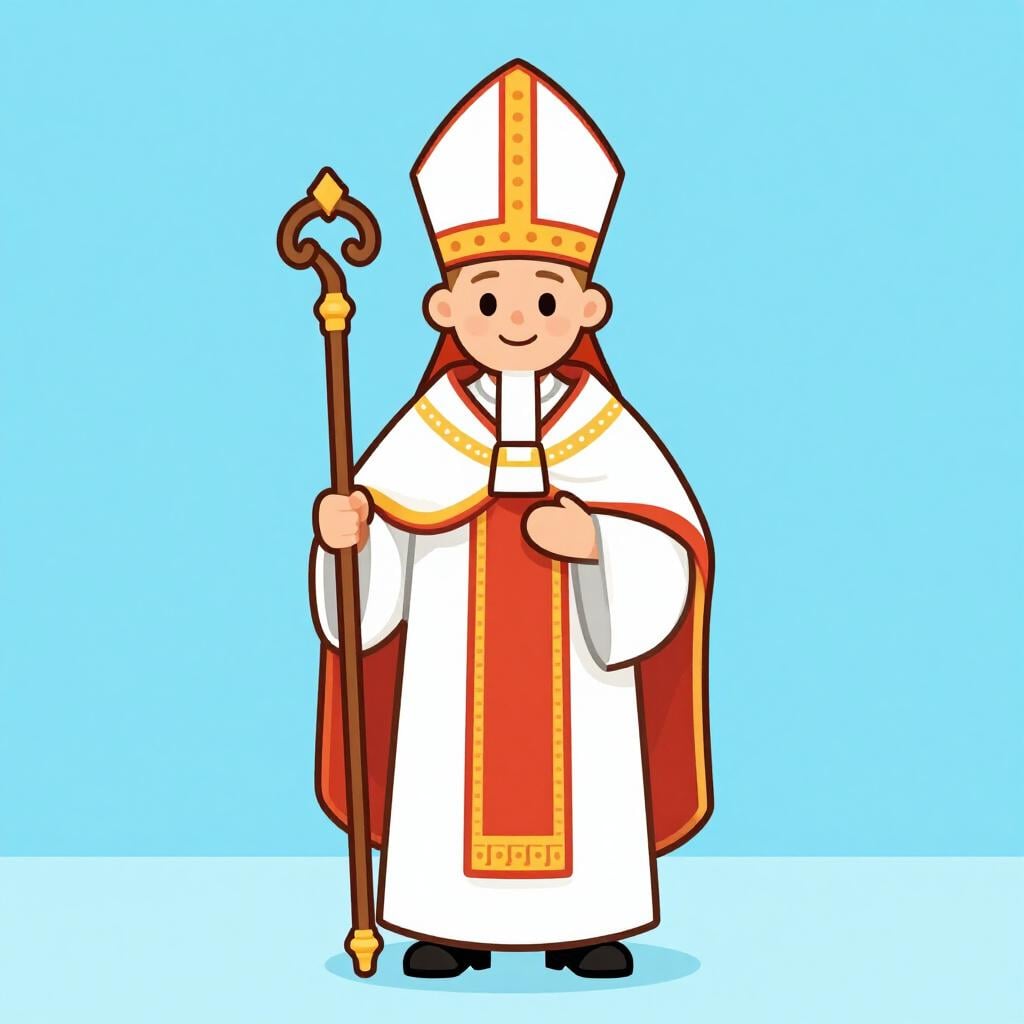 A high-ranking member of the clergy wearing a traditional mitre hat and holding a staff.