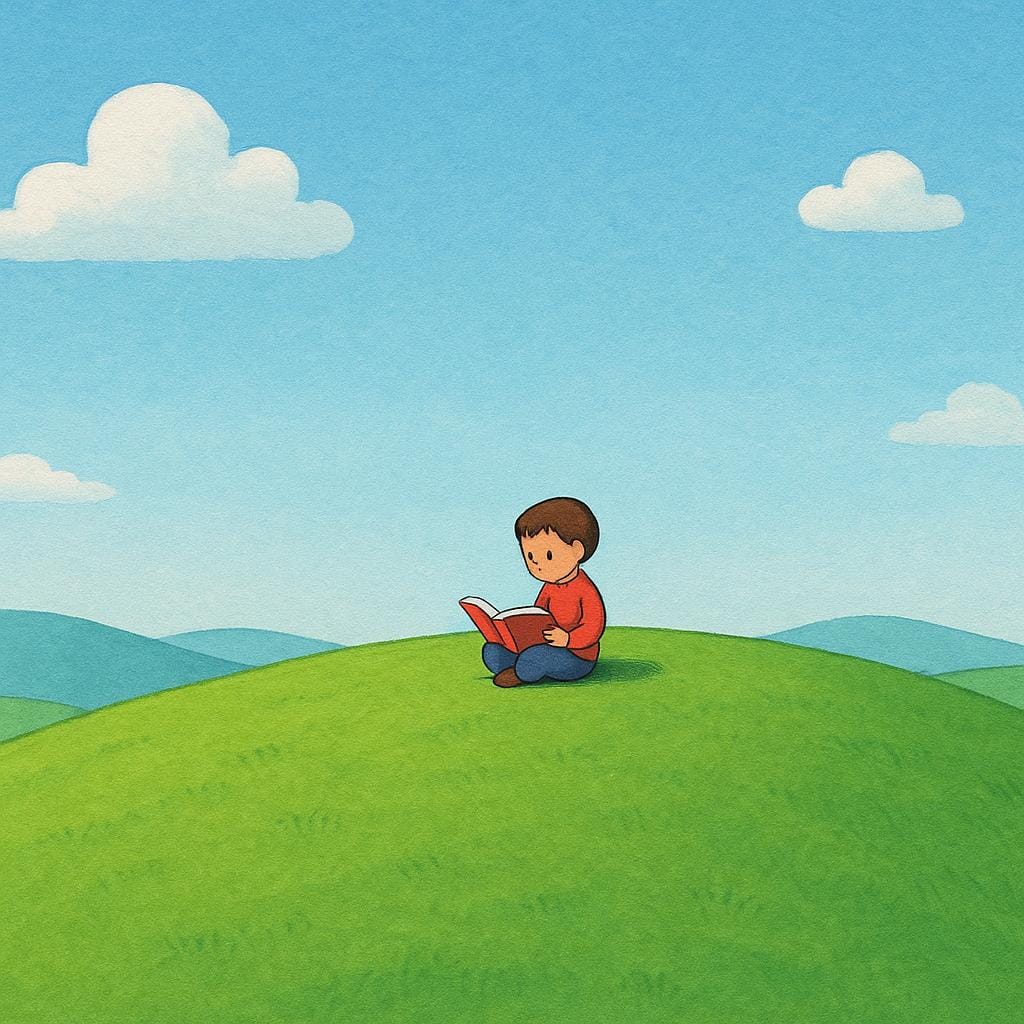 A lone person sitting on a hillside, reading a book, surrounded by green grass and blue sky, illustrating a preference for being alone.