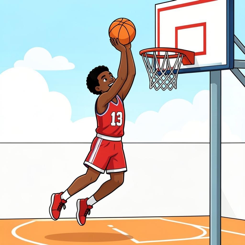 A basketball player in a jersey jumping to shoot a ball into a hoop.
