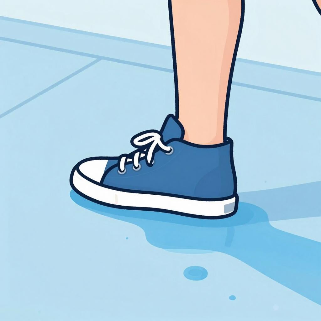 Der Fuß einer Person in einem Sneaker rutscht auf einer nassen, glänzenden Oberfläche mit einer kleinen Pfütze nach vorne.