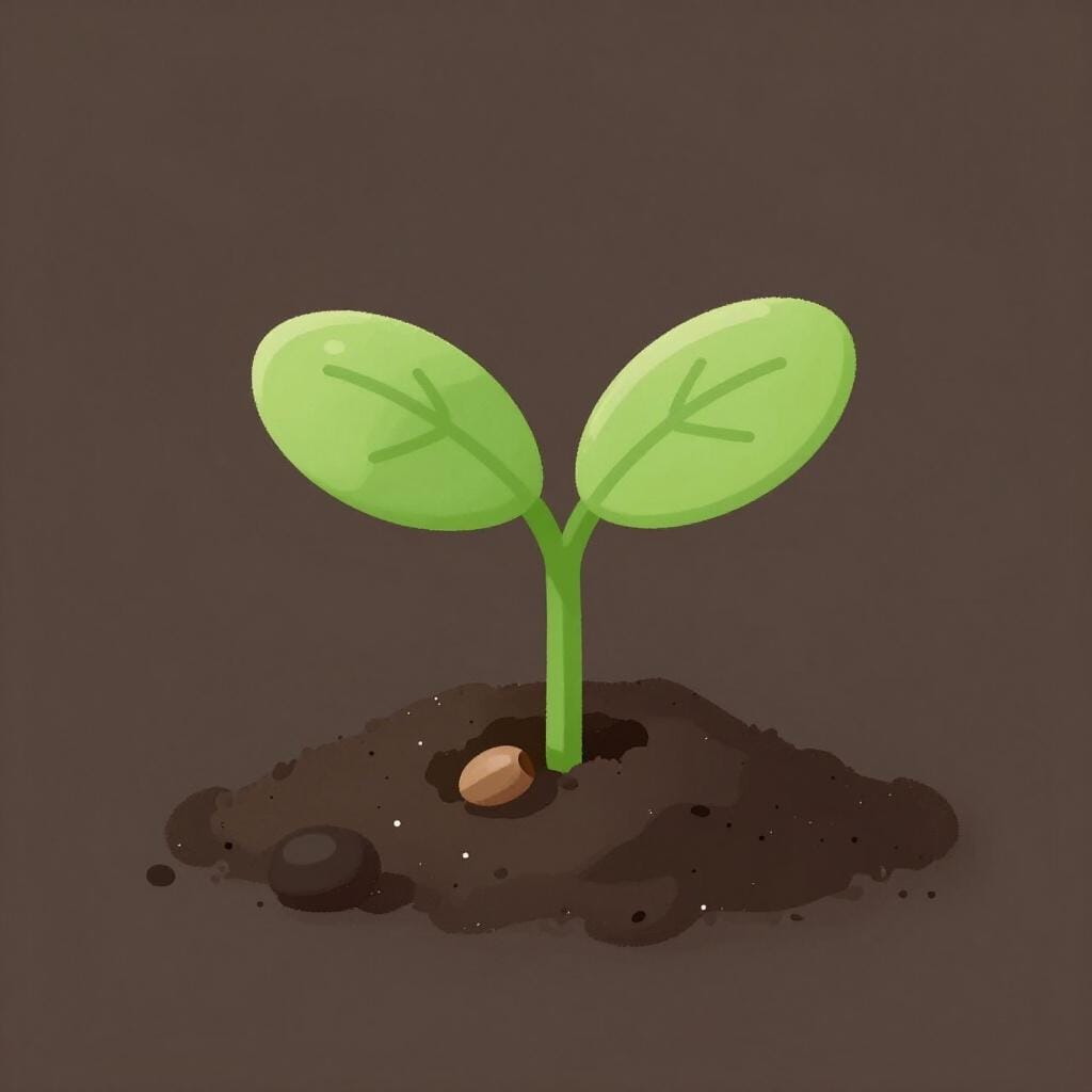A small green sprout emerging from a tiny brown seed in a pile of rich soil.
