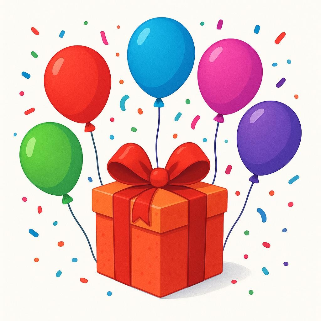 A single, brightly wrapped gift box with a large red bow sits prominently, surrounded by several colorful floating balloons and falling confetti, symbolizing a celebrated special day.