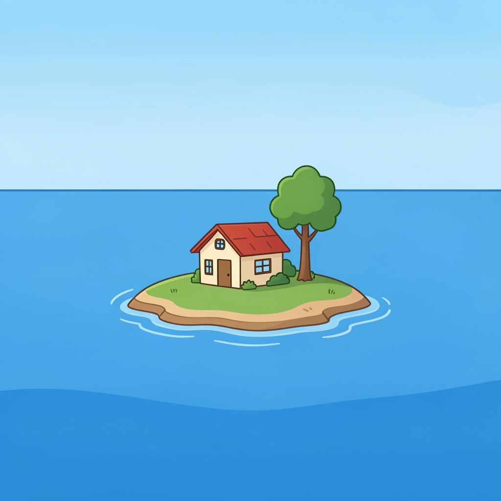 A single, small wooden house sitting alone on top of a small, green grassy island surrounded by calm blue water.