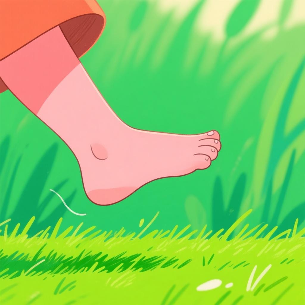 A close-up illustration of a bare human foot taking a single step forward over a grassy surface, symbolizing the act of walking.