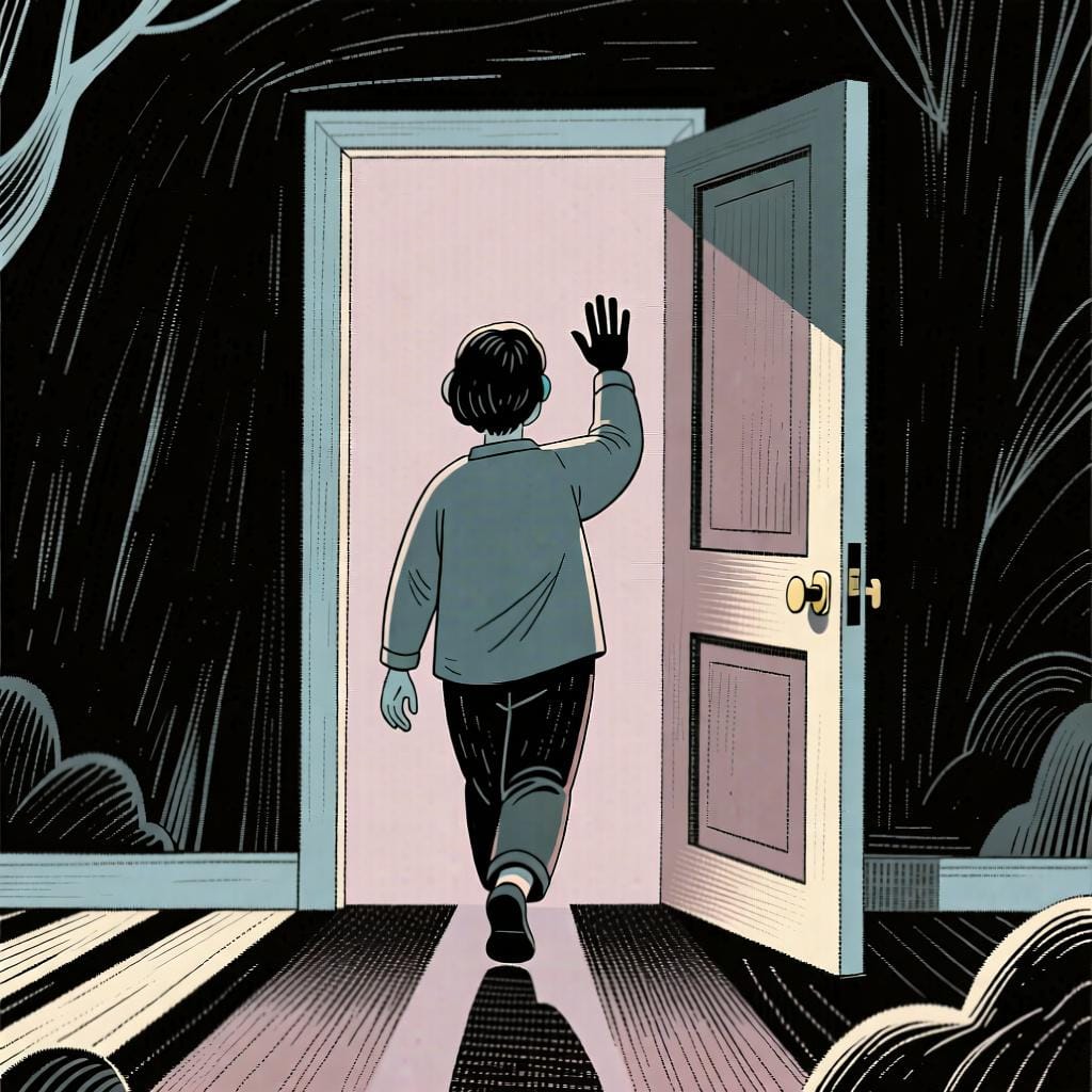 Una persona che saluta con la mano mentre esce da una porta aperta, che rappresenta il verbo 'irse' che significa 'andarsene'.