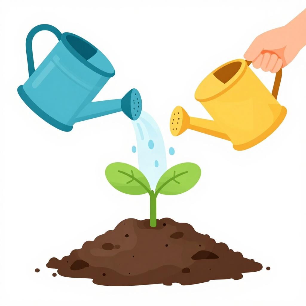 A small green sprout emerging from rich brown soil being watered by a simple watering can.