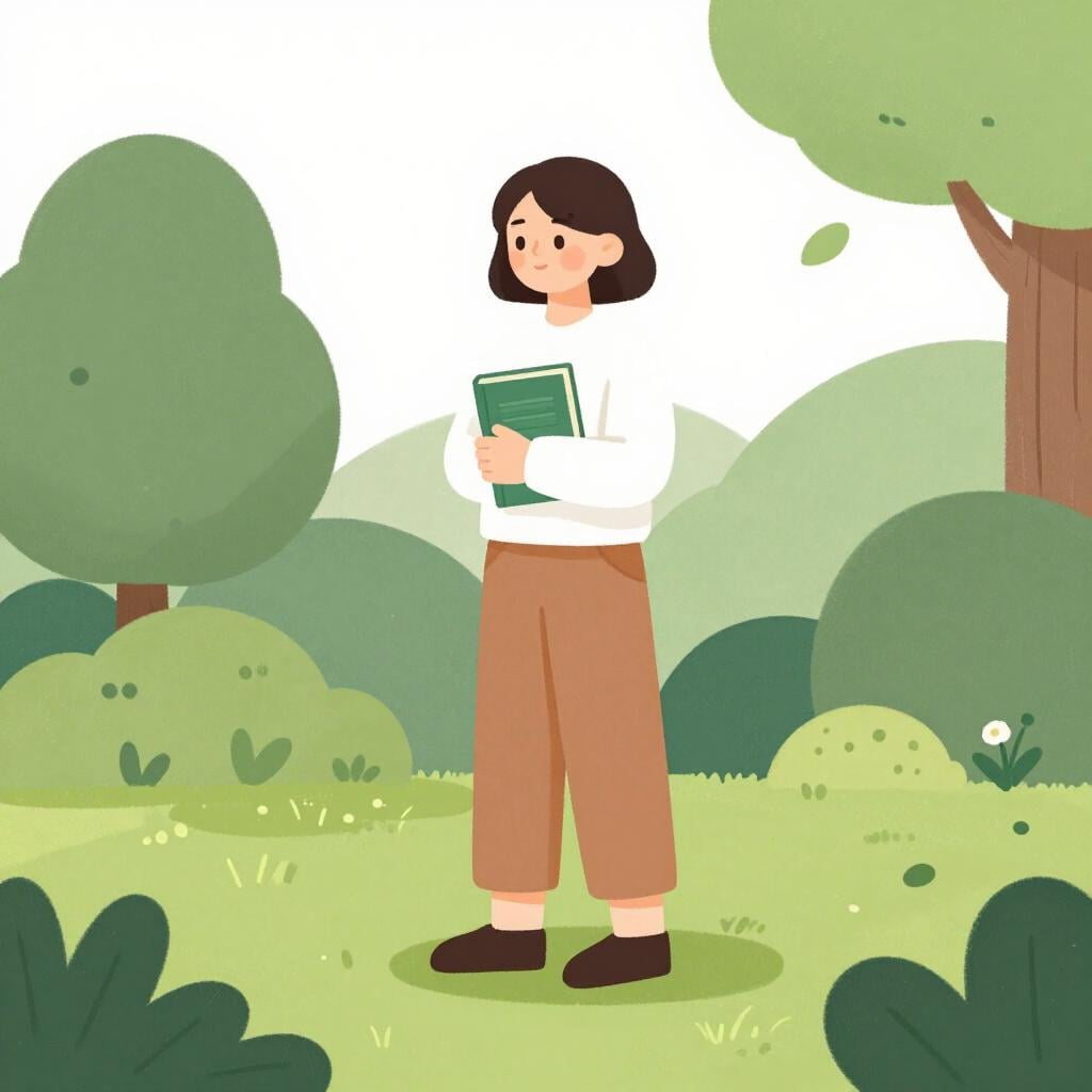 A person standing peacefully holding a small book, wearing simple clothing in a sunny garden.