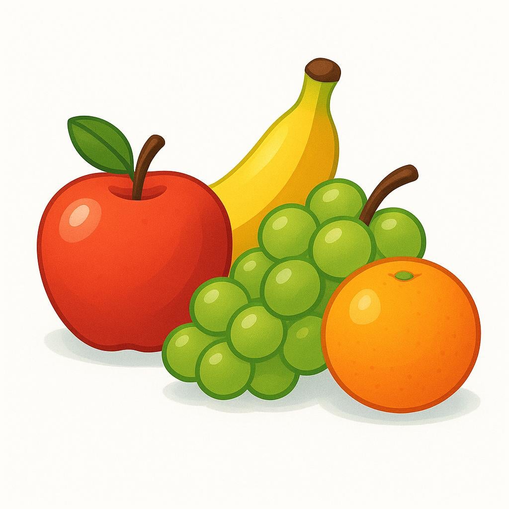 A simple illustration showing a small pile of common fruits, including a red apple, a yellow banana, a bunch of green grapes, and a round orange.