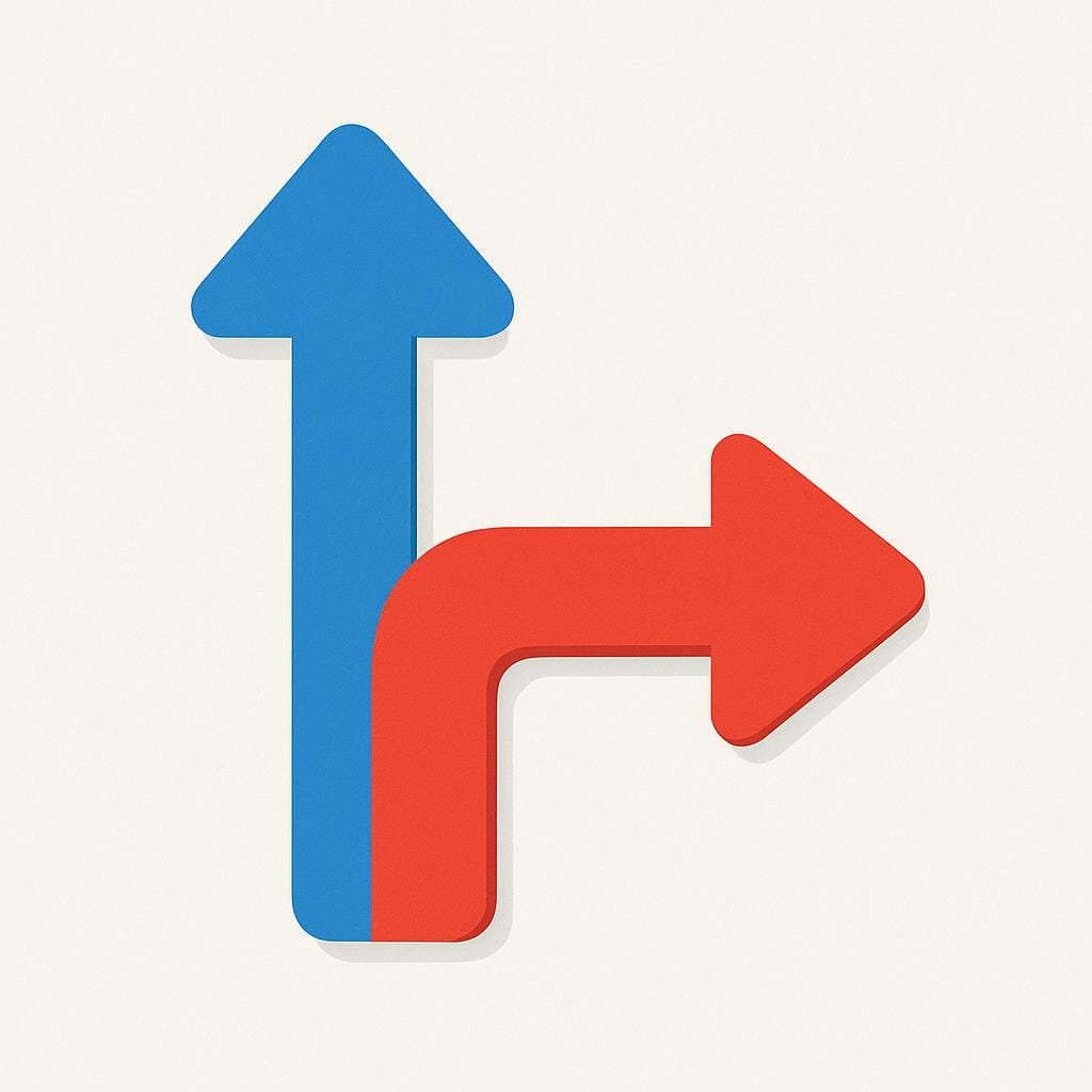 A thick blue arrow pointing straight up, followed immediately by an identical thick red arrow pointing sharply to the left, illustrating a significant change in trajectory.