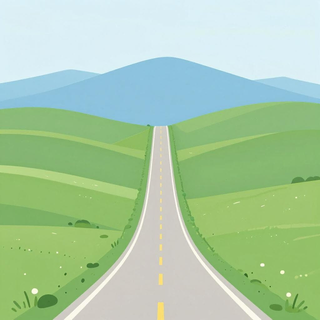 A long, winding road stretching far into a landscape of green hills and blue sky to represent distance.