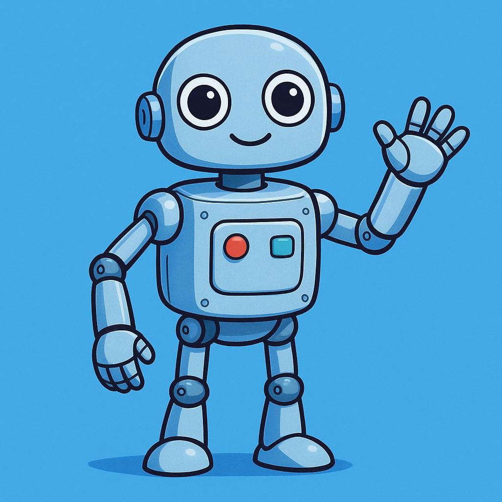 Ein freundlicher, einfacher Metallroboter mit großen runden Augen und sichtbaren mechanischen Gelenken, stehend auf einem leuchtend blauen Hintergrund.