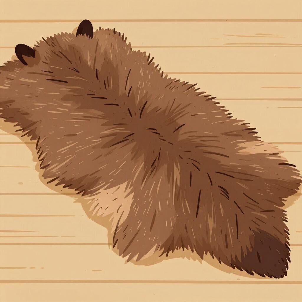 A soft, fluffy brown animal pelt draped over a simple wooden chair.