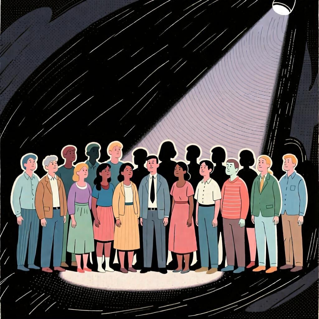 A large group of people, with most of them highlighted, representing 'many' as a standalone concept.