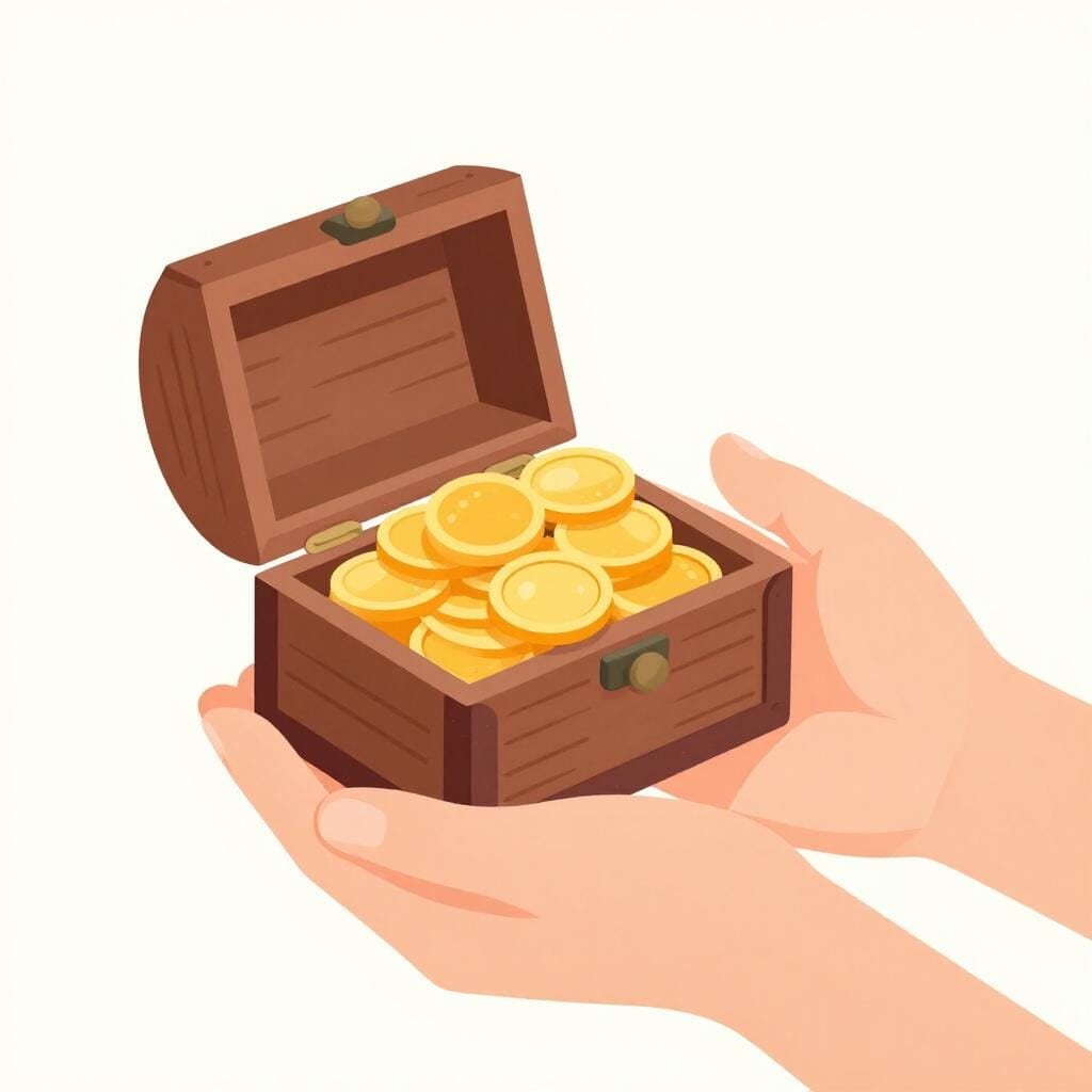 One person handing a small wooden chest of gold coins to another person.