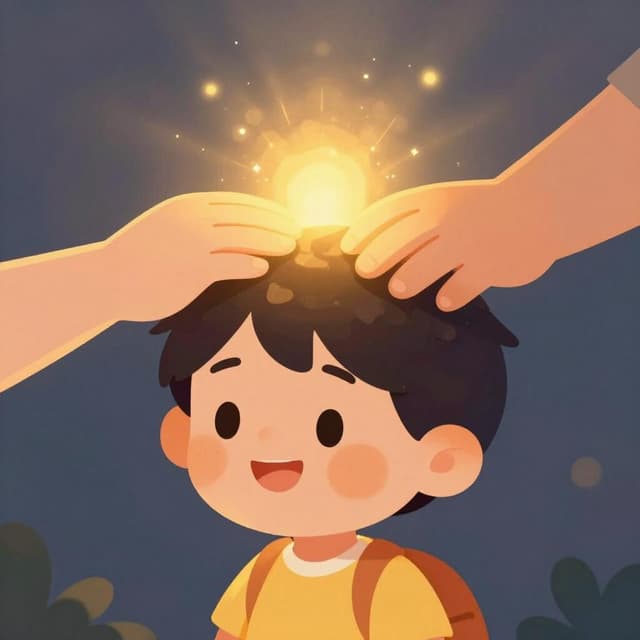 優しい人物が光る手で笑顔の子供の頭をそっと撫でている様子。柔らかな金色の光に包まれている。